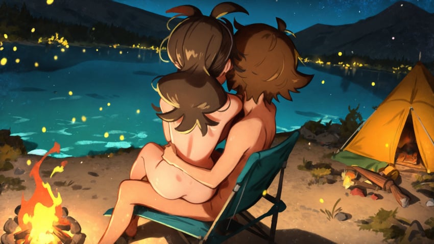 1boy 1girls ai_generated ass backview campfire chair hilbert_(pokemon) hilda_(pokemon) holding_another khyleri lake looking_over night nude nudist pokemon pokemon_bw ponytail short_hair sitting_on_lap tent