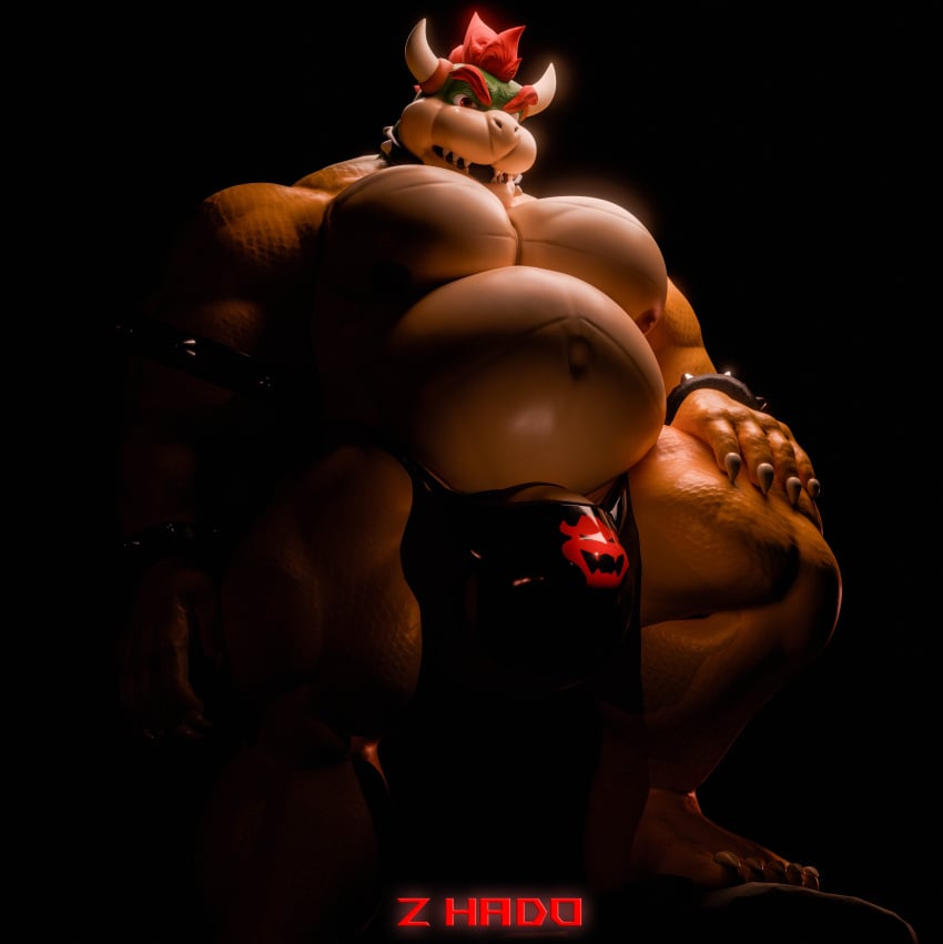 2_horns absurd_res anthro barefoot belly big_pecs black_clothing black_thong black_underwear bowser bracelet clothed clothing collar eyebrows feet green_head hair hand_on_leg hand_on_thigh hi_res horn jewelry koopa male mario_bros musclegut muscular muscular_anthro muscular_male navel nintendo nipples pecs pink_nipples red_eyebrows red_hair scalie solo spiked_bracelet spiked_collar spikes thick_thighs thong thong_only topless underwear underwear_only yellow_body z_hado