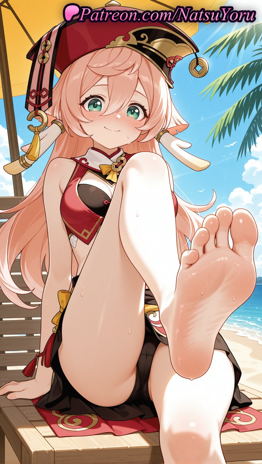 1girls ai_generated anime anime_style antlers arm_support armpit_crease asian bangs bare_arms bare_legs bare_shoulders barefoot beach beach_chair beach_umbrella bikini black_bra black_panties black_skirt blue_sky blush bow bra breasts bust busty cameltoe chair cleavage cleavage_cutout closed_mouth cloud crop_top day feet female female_focus female_only foot_fetish foot_focus foot_out_of_frame foot_up foreshortening genshin_impact green_eyes hair_between_eyes hat hentai hi_res high_quality high_resolution highres horns knee_up leg_up legs long_hair looking_at_viewer midriff miniskirt natsuyoru ocean outdoors panties patreon pink_hair pov_feet presenting_foot red_headwear red_skirt sand sitting skirt sky sleeveless small_breasts smile soles solo solo_female spread_toes sweat thighs toes umbrella underwear voluptuous voluptuous_female water wet yanfei_(genshin_impact) yellow_bow