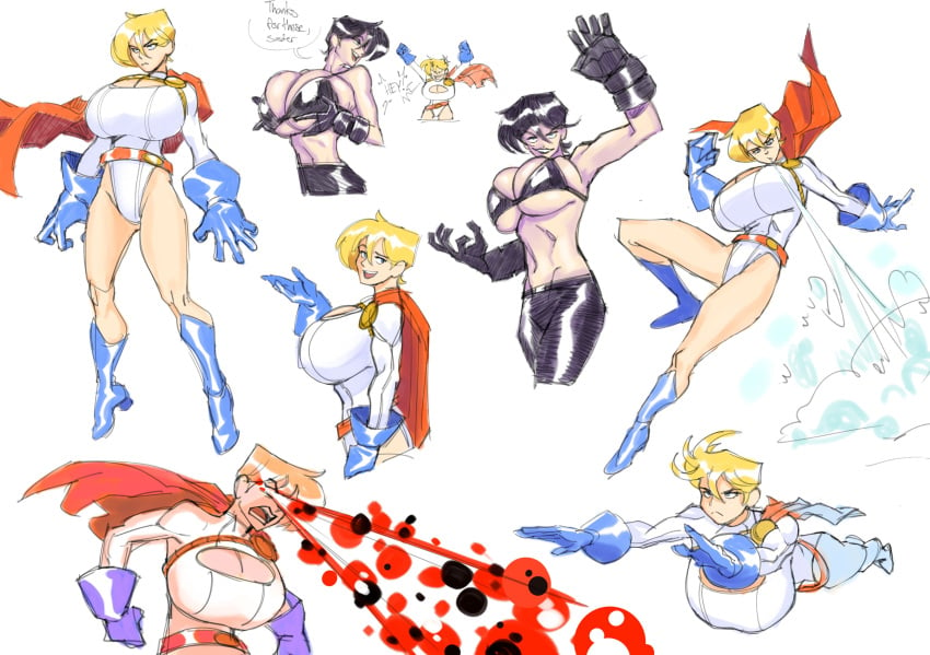 2girls atlee auroch_nsfw big_breasts bikini black_hair blonde_hair blue_eyes boob_window breasts breasts_bigger_than_head cleavage cleavage_window dc dc_comics female glasses huge_breasts large_breasts laser laser_eyes power_girl ratf short_hair superman_(series) terra_(dc) text thick_thighs wide_hips