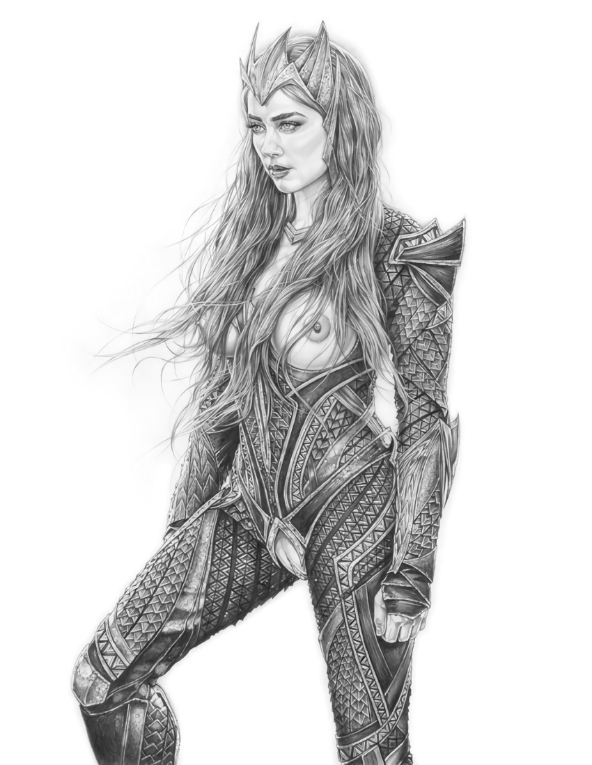 1girls actress amber_heard aquaman aquaman_(series) aquaman_2018 armando_huerta armor big_breasts breasts cleavage covered_breasts crown dc dc_comics dc_extended_universe dceu eyelashes female female_only fingerless_gloves formal functionally_nude gauntlets gloves hair_ornament high_resolution hips justice_league_(2017) large_breasts long_hair mera monochrome nipples pussy solo standing vagina zs_justice_league