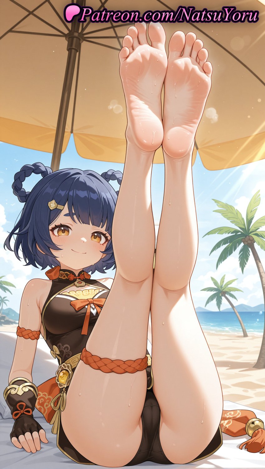 1girls ai_generated anime anime_style asian ass bangs bare_legs bare_shoulders barefoot beach beach_umbrella black_gloves black_hair black_one-piece_swimsuit black_panties blue_hair blue_sky blush braid braided_hair_rings breasts brown_eyes bust busty cameltoe china_dress chinese_clothes closed_mouth cloud day dress feet feet_up female female_focus female_only fingerless_gloves foot_fetish foot_focus foreshortening full_body genshin_impact gloves hair_ornament hair_rings hairclip hentai hi_res high_quality high_resolution highres juicy_butt kneepits leaning_back legs legs_up looking_at_viewer medium_breasts natsuyoru ocean oshiri outdoors palm_tree panties patreon pov_feet sand short_hair sitting sky sleeveless sleeveless_dress smile soles solo solo_female sweat swimsuit thigh_strap thighs toes tree twin_braids umbrella underwear vision_(genshin_impact) voluptuous voluptuous_female water xiangling_(genshin_impact) yellow_eyes