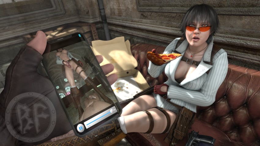 2025 3d 3d_(artwork) artist_logo black_hair boots breasts brother_fuzzman couch cum cum_dripping_out_of_pussy cum_in_pussy devil_may_cry food green_eyes gun heterochromia indoors lady_(devil_may_cry) light-skinned_female light-skinned_male looking_over_eyewear looking_over_sunglasses nipples phone_screen pizza pizza_box red_eyes suit_jacket sunglasses tinted_eyewear weapon