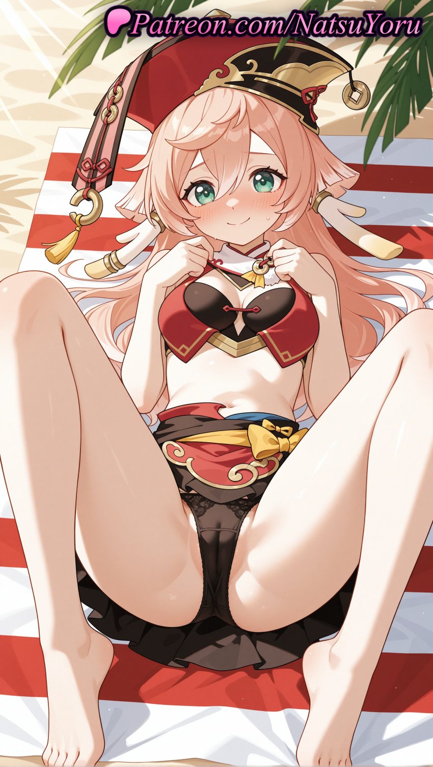 1girls ai_generated anime anime_style antlers asian bangs bare_arms bare_legs bare_shoulders barefoot beach beach_towel bikini black_bikini black_bra black_panties blush bow bra breasts bust busty cameltoe cleavage cleavage_cutout closed_mouth clothing_cutout crop_top crotch day feet female female_focus female_only foot_fetish full_body genshin_impact green_eyes hair_between_eyes hands_up hat hentai hi_res high_quality high_resolution highres horns juicy_butt knees_up legs long_hair looking_at_viewer lying m_legs medium_breasts midriff natsuyoru navel nose_blush on_back outdoors panties pantsu partially_visible_vulva patreon pink_hair red_headwear red_skirt skirt small_breasts smile solo solo_female spread_legs stomach sunlight swimsuit thighs toenail_polish toenails toes towel underwear voluptuous voluptuous_female wig yanfei_(genshin_impact) yellow_bow