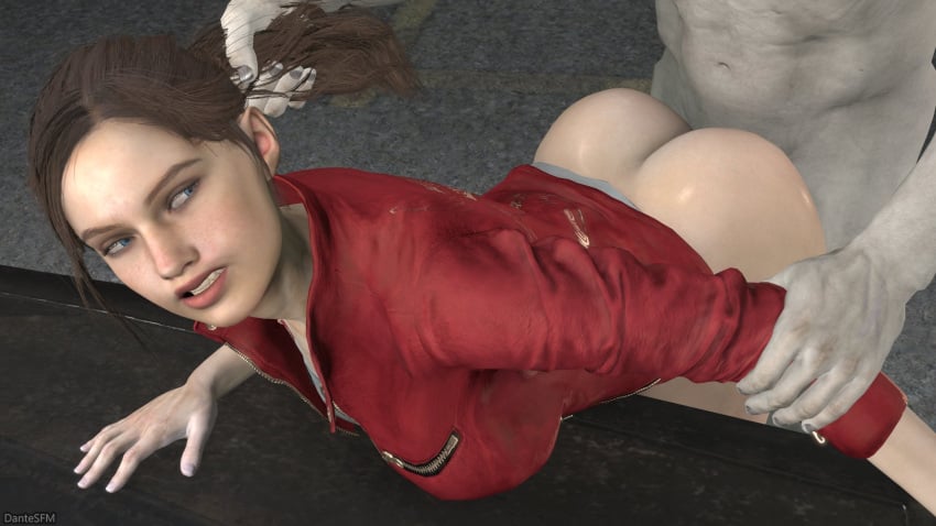 1boy 1girls 3d alternate_version_at_source alternate_version_available ass big_ass blue_eyes brown_hair claire_redfield dantesfm grabbing_hair holding_arm jacket light_skin nude nude_male nude_male_clothed_female pale-skinned_male ponytail resident_evil resident_evil_2 resident_evil_2_remake sex source_filmmaker teeth white_skin