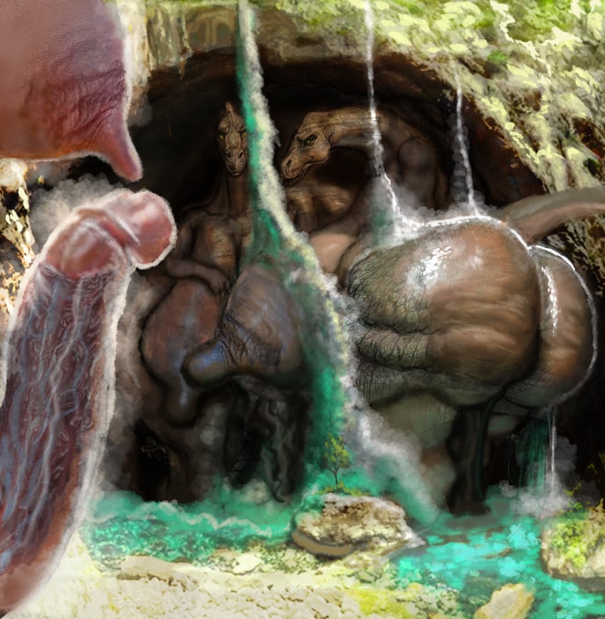 absurd_res anthro ass bath big_breasts big_butt big_penis breasts brontosaurus dinosaur diplodocid elder elderly elderly_gynomorph genitals group gynomorph hi_res hohohonse intersex macro nipples outside penis prehistoric_species reptile sauropod sauropodomorph scalie