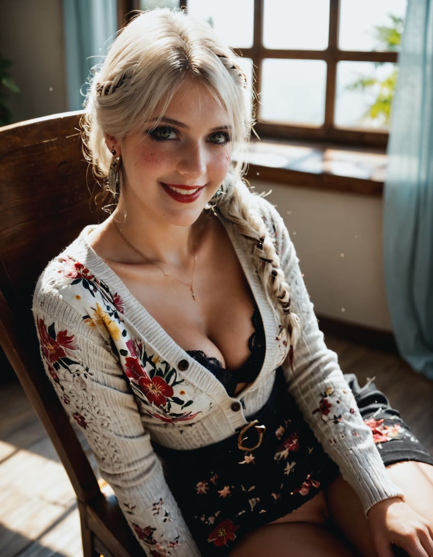 ai_generated braid breasts cd_projekt_red ciri collar female freckles gazmandros light-skinned_female looking_at_viewer mascara pussy red_lipstick scar smiling solo the_witcher_(series) the_witcher_4 white_hair