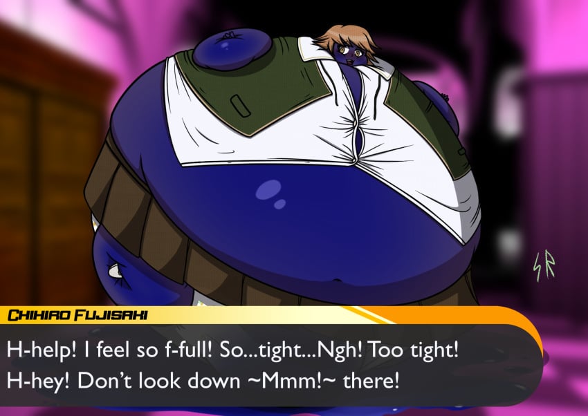 1boy blue_skin blueberry_inflation brown_eyes brown_hair brown_skirt button_down_shirt button_gap buttons crossdressing danganronpa danganronpa:_trigger_happy_havoc dialogue femboy fujisaki_chihiro immobile inflation navel panties shirt skirt spherical_inflation sugarrollart sunken_head sunken_limbs tagme tomgirl trap white_panties white_shirt