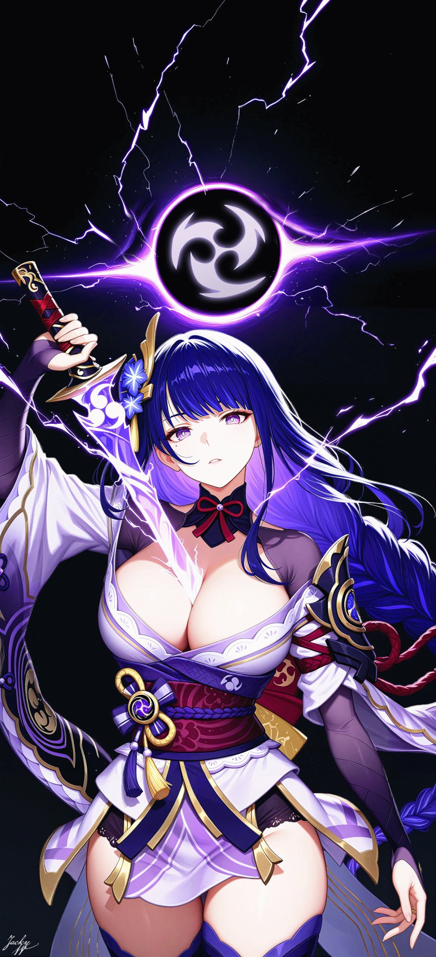 ai_generated cleavage dark_background electricity female genshin_impact holding_sword holding_weapon large_breasts purple_hair raiden_shogun signature sword_between_breasts weapon