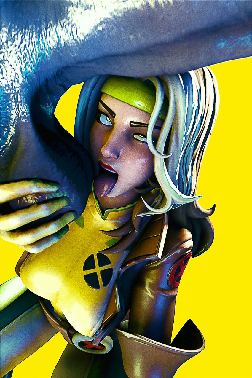 ahe_gao ahegao_face ball_fondling ball_lick eye_twitch eyes_rolling_back fortnite kneeling marvel open_mouth pleasure_face rogue_(x-men) tongue_out x-men