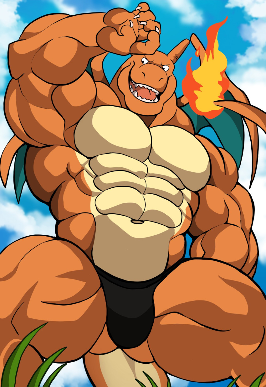 anthro balls bara barazoku bulge charizard darknaigart dragon flaccid male male_only muscles muscular nintendo penis pokemon scalie solo solo_male