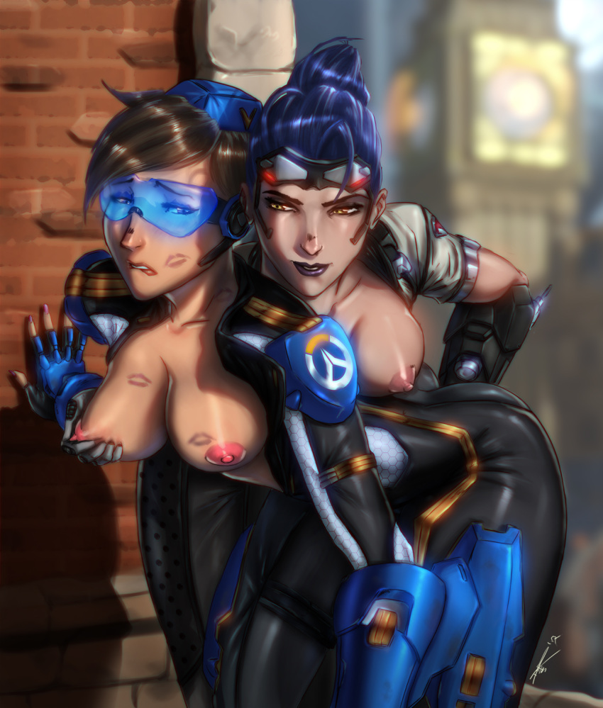 2girls alternate_costume areolae biting_lip blizzard_entertainment blue-tinted_eyewear bodysuit breast breast_grab breasts breasts_out brown_hair cadet_oxton duo exposed_breasts eyewear female female_only fingering fingerless_gloves garrison_cap gauntlets glasses gloves goggles groping hat highres human large_breasts legwear long_hair multiple_girls nail_polish nipples overwatch overwatch_2 overwatch_archives ponytail purple_hair short_hair talon_widowmaker tied_hair tinted_eyewear topless tracer ultamisia unzipped_bodysuit visor visor_(eyewear) visor_glasses widowmaker yellow_eyes yuri