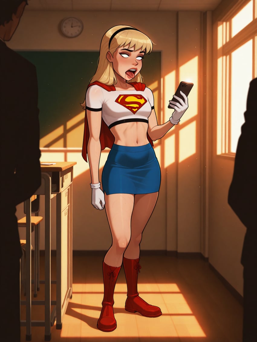 ai_generated blank_eyes blonde_female blonde_hair classroom clothed_female costume dc dc_comics female hypnosis hypnosis_app justice_league justice_league_unlimited kara_zor-el mind_control phone solo supergirl superhero tongue tongue_out