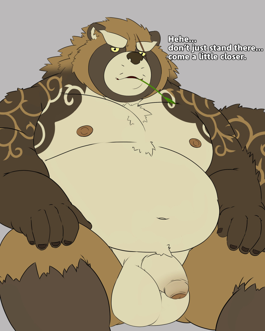 2025 absurd_res anthro balls belly big_balls big_belly brown_body canid canine english_text genitals gyobu_(tas) hi_res leaf lifewonders male mammal moobs navel nipples overweight overweight_male penis peto3001 raccoon_dog scar simple_background sitting solo tanuki tattoo text tokyo_afterschool_summoners