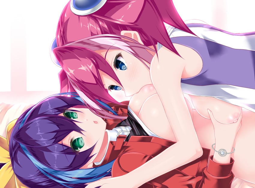 2girls areolae bare_shoulders blue_eyes blue_hair blush bow bracelet_girls breast_grab breast_sucking breasts calcio celina green_eyes hairbow highres hiiragi_yuzu large_breasts multicolored_hair multiple_girls nipples open_clothes pink_hair ponytail serena_(yu-gi-oh!_arc-v) siblings sisters tied_hair twins twintails two_tone_hair yu-gi-oh! yu-gi-oh!_arc-v yuri zuzu_boyle