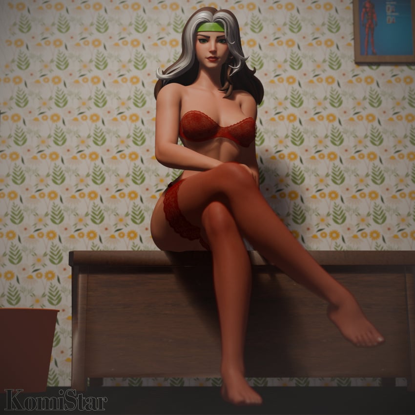 breasts feet female fortnite komistar lingerie looking_at_viewer rogue_(fortnite) rogue_(x-men) sitting solo_female x-men