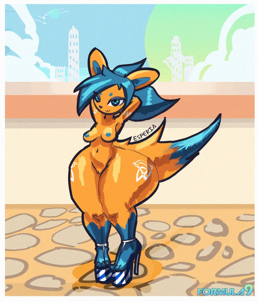 2017 anthro areola blue_eyes breasts canine clothing esperia_(formula9) female footwear formula9 fox fur high_heels hybrid looking_at_viewer mammal navel nipples nude orange_fur outside planet pussy rabbit shoes short shortstack smile solo thick_thighs towers wide_hips