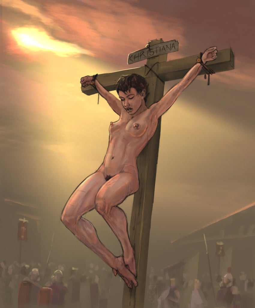 abs athletic breasts cross crucified crucifixion death digital erect_nipples execution female forced_nudity hadalmartian human humiliation naked outdoors peeing peeing_self pubic_hair public signage snuff sweat urination