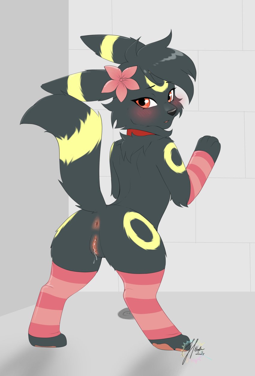 abby_(umbreon) absurd_res black_body blush bodily_fluids clothing collar eeveelution female feral flower generation_2_pokemon genital_fluids hi_res legwear looking_at_viewer markings nintendo plant pokemon pokemon_(species) red_eyes shower shy simple_background solo standing suvivi thigh_highs umbreon vaginal_fluids yellow_markings