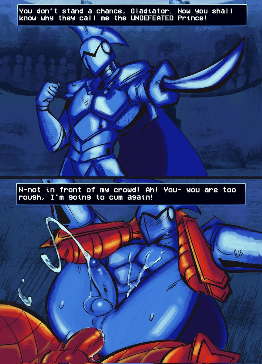 2boys almost_naked almost_nude anal anal_insertion anal_sex armor blue_body bodily_fluids bodily_fluids_in_ass comic cum cum_in_ass cum_inside cum_on_body defeat dominant_male domination ejaculating_cum ejaculation ejaculation_while_penetrated fight_knight fight_knight_(character) gay gay_domination gay_sex helmet instant_loss_2koma knight knight_armor knight_helmet mask masked masked_male missionary_position red_body sex vhkansfweer yaoi