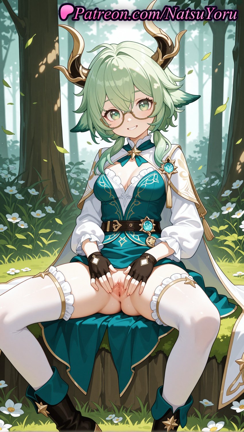 1girls ai_generated animal_ears anime anime_style anus asshole bangs belt black_footwear black_gloves blush boots breasts brown-framed_eyewear brown_gloves bust busty cape cleavage clothes_lift clothing crossed_bangs day dress dress_lift female female_focus female_only fingerless_gloves floppy_ears flower forest frills genshin_impact glasses gloves gold_trim grass green_dress green_eyes green_hair grin hair_between_eyes hentai hi_res high_heels high_quality high_resolution highres horns labia leaf long_hair long_sleeves looking_at_viewer medium_breasts medium_hair megane natsuyoru nature no_panties outdoors patreon puffy_long_sleeves puffy_sleeves pussy round_eyewear semi-rimless_eyewear sitting smile solo solo_female spread_legs spread_pussy stockings sucrose_(genshin_impact) teeth thighhighs thighs tree tree_stump uncensored under-rim_eyewear vagina vision_(genshin_impact) voluptuous voluptuous_female white_cape white_flower white_legwear white_sleeves white_thighhighs