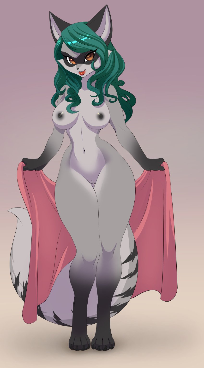 amelia_cooper bedroom_eyes blue_hair cel_shading curly_hair face_mask female hair half-closed_eyes mammal nipples nude orange_eyes raccoon red_lips ringed_tail seductive sif_(artist) simple_background solo towel