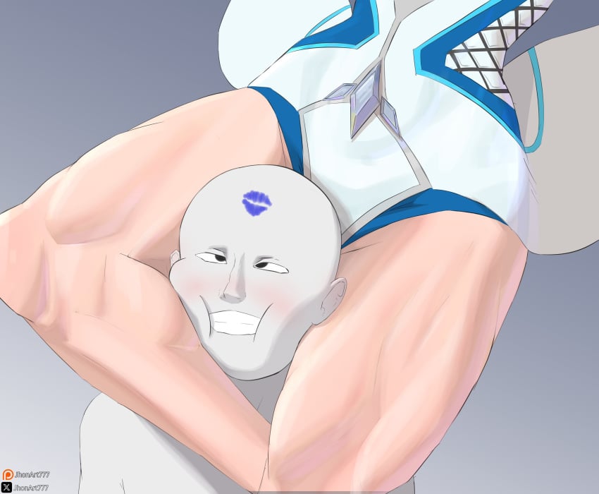 1boy 1girls 2025 blonde_female blonde_hair blue_lipstick breaking_neck comic_character crush crushing emma_frost emma_frost_(marvel_rivals) female head_between_thighs headscissor highres humor jhonart777 legs leotard lipstick lipstick_mark male marvel marvel_comics marvel_rivals muscular muscular_legs muscular_thighs speech_bubble superheroine thick_legs thick_thighs thigh_grab thighs x-men