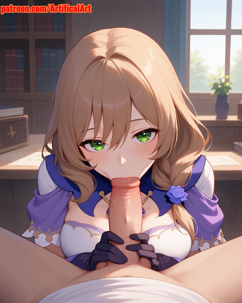 1boy 1girls ai_generated artifical_art balls big_breasts blonde_hair blowjob blowjob_face blush genshin_impact green_eyes lisa_(genshin_impact) long_hair oral oral_sex penis penis_in_mouth perfect_body slender_body sucking sucking_penis touching_penis witch_hat