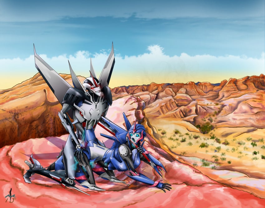 1boy 1girls ameban arcee arcee_(prime) breasts desert duo female from_behind male male_on_female outdoors robot starscream straight transformers transformers_prime