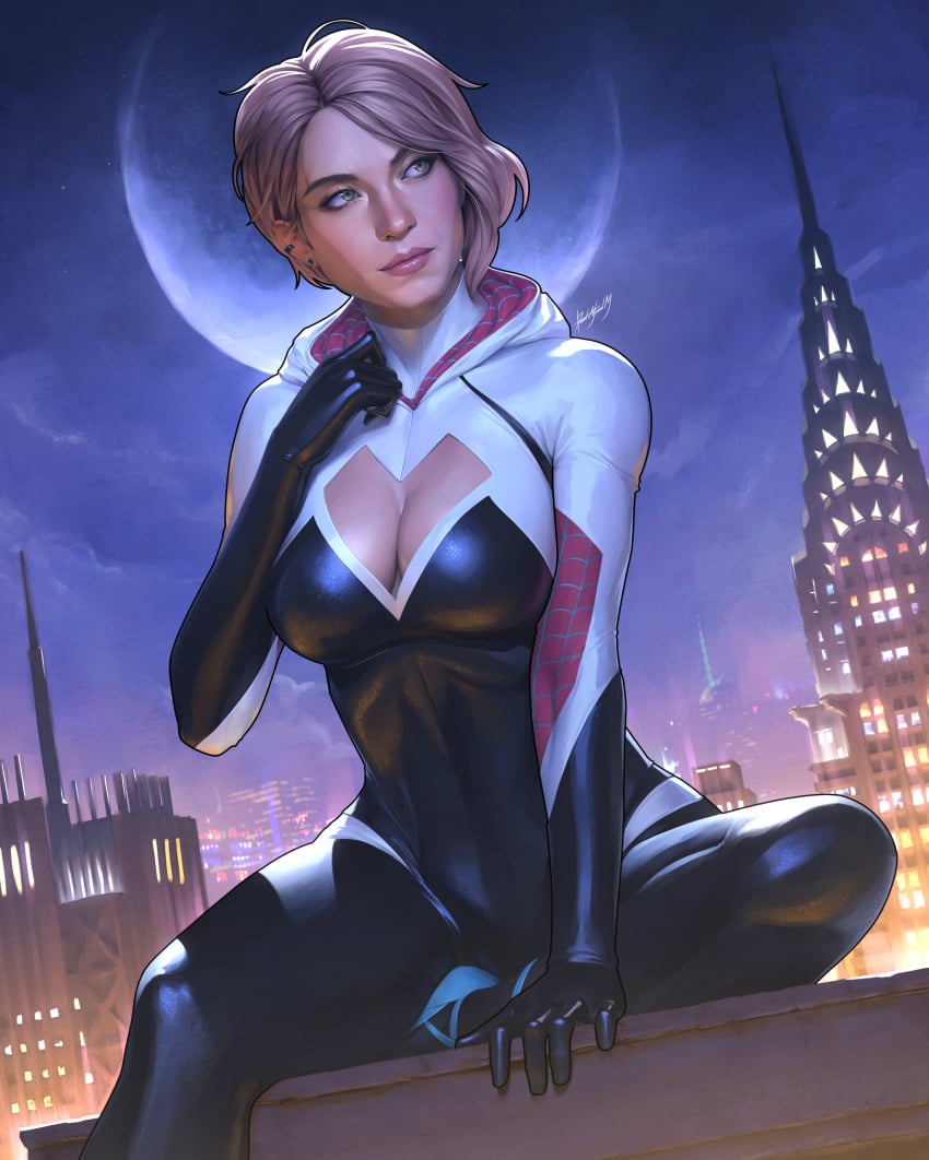 1girls artist_signature ballet_heels blonde_female blonde_hair boob_window dalejomej ear_piercing empire_state_building female female_only gwen_stacy gwen_stacy_(spider-verse) heart_symbol high_resolution marvel marvel_comics maya_hawke moon moonlight night_sky solo spider-gwen two_tone_bodysuit