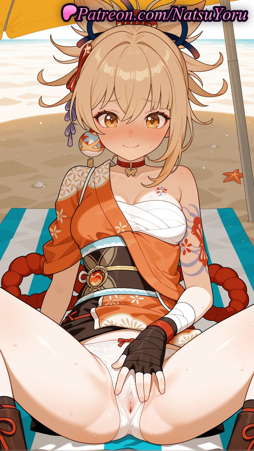 1girls ai_generated anime anime_style arm_tattoo asian bandaged_arm bandages bangs bare_shoulders beach beach_towel beach_umbrella black_gloves blonde_hair blush bow bow_panties breasts bust busty cameltoe chest_sarashi chest_tattoo choker cleavage closed_mouth collarbone female_focus female_masturbation female_only fingerless_gloves flower_tattoo genshin_impact gloves hadanugi_dousa hair_between_eyes hair_ornament hentai hi_res high_quality high_resolution highres japanese_clothes kimono lipstick looking_at_viewer makeup masturbation medium_breasts natsuyoru nose_blush obi ocean oiled orange_eyes orange_kimono outdoors panties patreon pendant_choker ponytail pussy pussy_juice red_choker rope sand sarashi sash see-through shimenawa single_bare_shoulder sitting smile solo solo_female spread_legs spread_pussy spread_pussy_under_clothes starfish sweat tattoo thighs towel umbrella underwear vision_(genshin_impact) voluptuous voluptuous_female wet wet_clothes wet_panties white_panties yellow_eyes yoimiya_(genshin_impact)