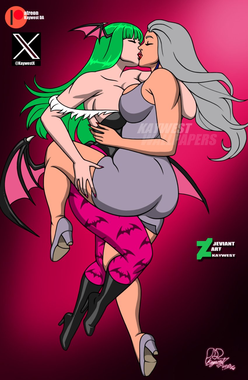 2girls ass big_ass big_breasts breasts crossover darkstalkers dc dc_comics eastern_and_western_character female female_only green_hair grey_hair head_wings huge_ass huge_breasts kaywest kissing large_ass large_breasts long_hair morrigan_aensland multiple_girls my_adventures_with_superman silver_st._cloud wings yuri