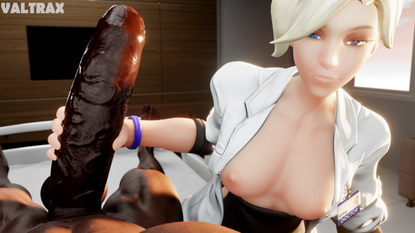 3d dark-skinned_male dark_skin grabbing_penis holding_penis huge_cock interracial laying_down looking_at_viewer mercy overwatch tagme valtrax