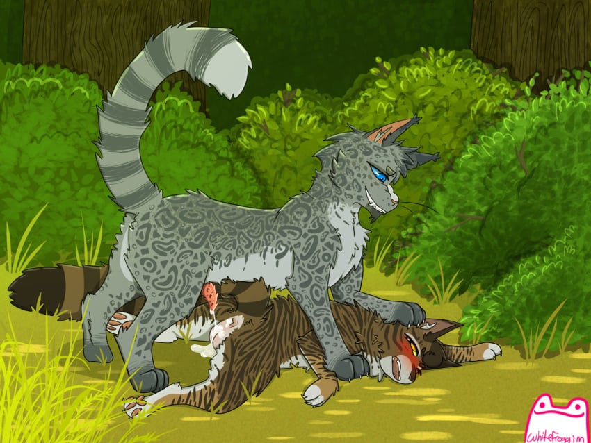 artist_name ashfur_(thunderclan) ashfur_(warriors) blue_eyes blush blush_lines bodily_fluids brown_body brown_fur claws cum cum_drip cum_in_ass cum_in_pussy cum_inside cum_on_ground domestic_cat dripping duo felid feline felis female feral fur genital_fluids genitals grass grey_body grey_fur half-erect hand_on_head heart_(marking) hi_res holding_down humanoid_genitalia leafpool_(warriors) leaking_cum lying male male/female mammal markings multicolored_body multicolored_fur on_front open_mout outside pawpads paws penis pink_penis pinned plant shrub smile smiling_at_another smiling_at_partner spots spotted_body spotted_fur striped_body striped_fur striped_markings stripes teeth teeth_showing warriors_(book_series) warriors_(cats) warriors_(series) whitefroggim yellow_eyes_male