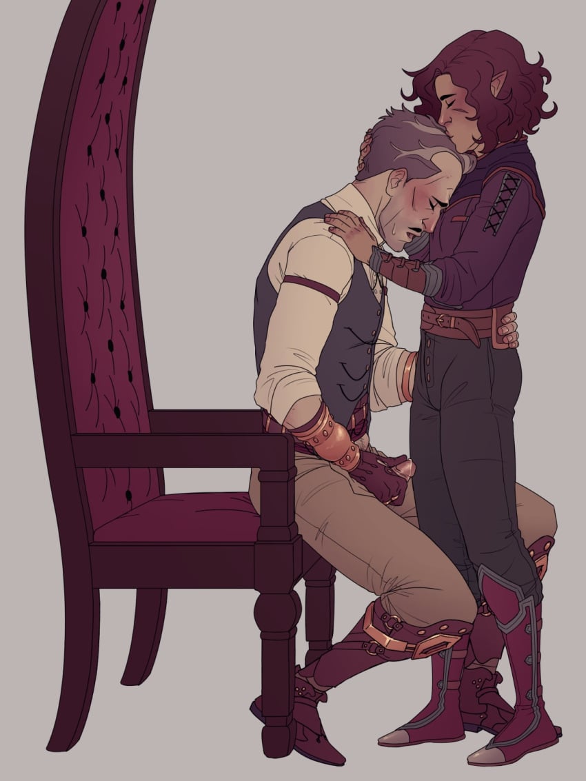 1boy1girl chair clothed cozmic-ash dragon_age dragon_age_the_veilguard emmrich_volkarin female jacking_off kissing_top_of_head male male/female masturbation older_male older_male_younger_female pointy_ears rook_(dragon_age) straddling