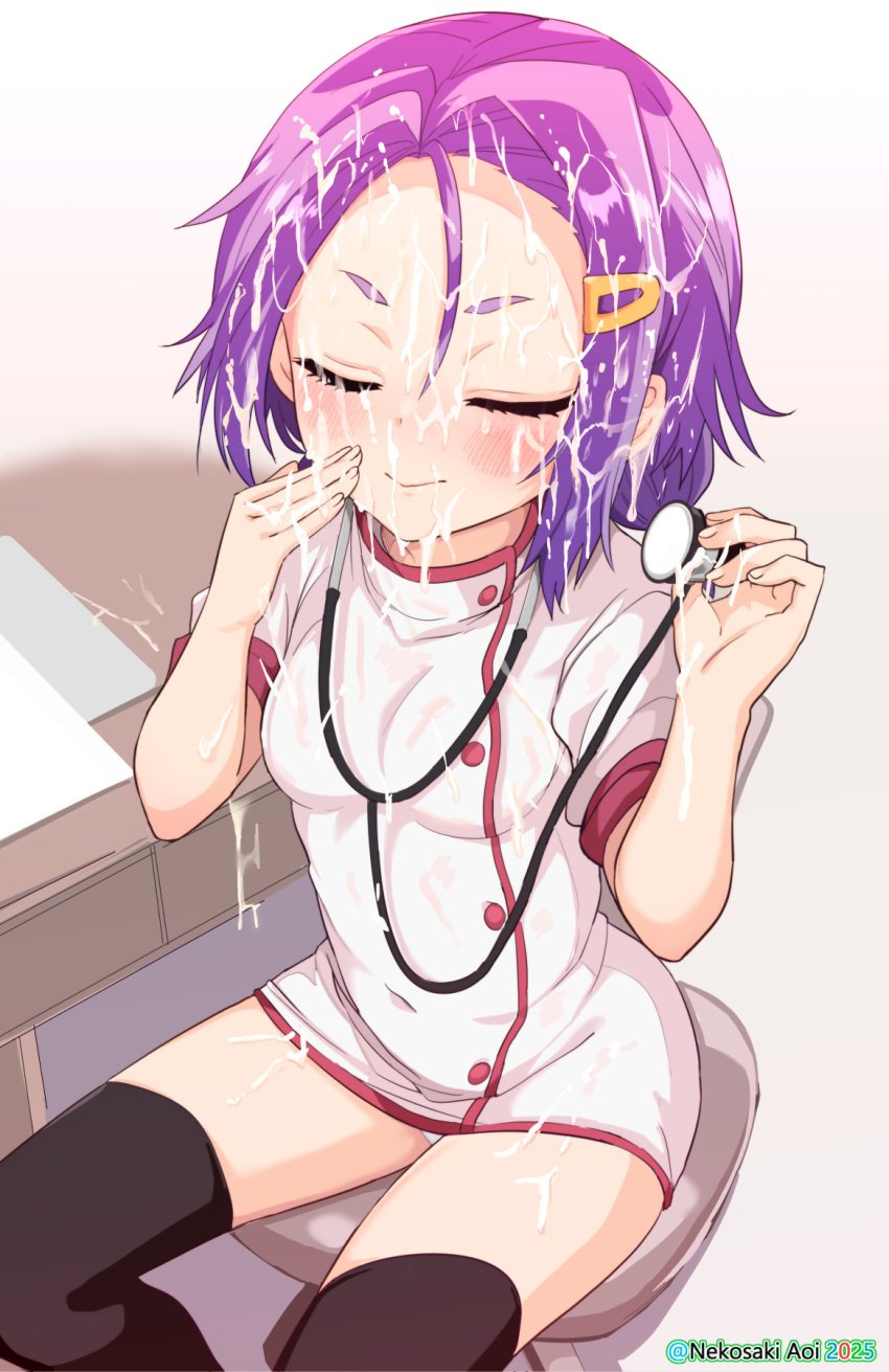 after_ejaculation bar_censor black_thighhighs blush bokutachi_wa_benkyou_ga_dekinai bukkake censored chair closed_eyes commission cum cum_on_body cum_on_clothes cum_on_hair desk dress facial female hair_between_eyes hands_up highres holding holding_stethoscope kominami_asumi large_variant_set nekosaki nurse office_chair on_chair panties pantyshot paper pixiv_commission puffy_short_sleeves puffy_sleeves purple_hair short_sleeves sitting stethoscope swivel_chair thighhighs thighs underwear variant_set white_dress white_panties