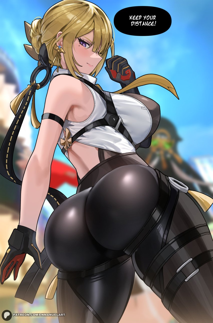 1girls ass ass_focus back_view bangs bare_back bare_shoulders black_gloves black_pants blonde_female blonde_hair blue_eyes breasts clothed clothing corset curvy curvy_figure dialogue earrings enmanuelart20 evelyn_chevalier female female_focus female_only gloves hair hair_bun hair_clips hair_ornament hoyoverse huge_ass huge_breasts light-skinned_female light_skin looking_at_viewer looking_back looking_back_at_viewer mihoyo mihoyo_technology_(shanghai)_co._ltd. milf muscular muscular_back muscular_female open_back pale-skinned_female pale_skin pussy_bulge solo solo_female solo_focus stars_of_lyra straps tank_top text thick_thighs thighs tight_clothes tight_clothing tight_fit tight_pants twitter_username voluptuous voluptuous_female white_tank_top zenless_zone_zero