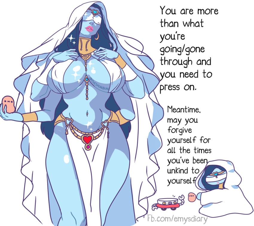 1girls alien alien_girl artist_signature big_breasts blindfold blue_skin breasts cape cleavage dark-blue_hair english_text female female_only four_arms hi_res hood hourglass_figure huge_breasts jewelry lipstick long_hair original original_character shun_bun sideboob text very_long_hair white_background wholesome