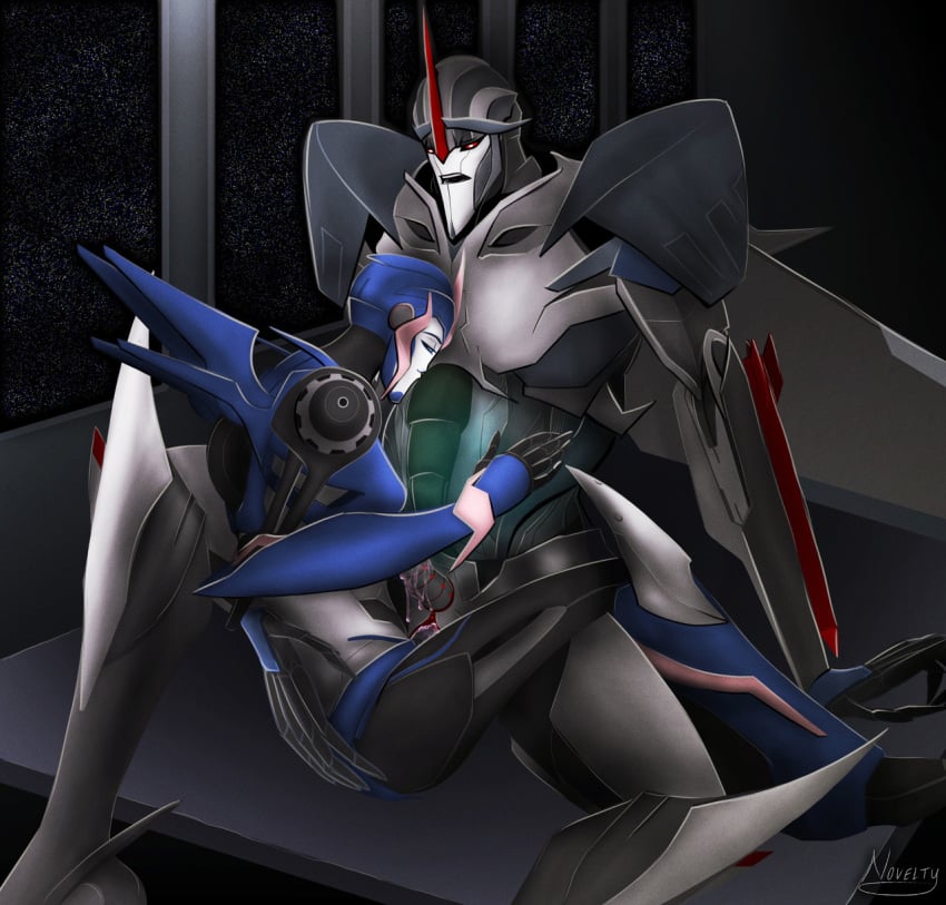 1boy 1girls arcee arcee_(prime) artist_request penis red_eyes robot sitting starscream straight transformers transformers_prime