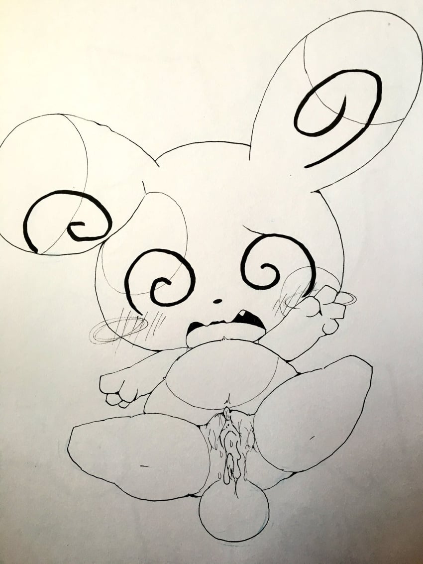 1girls after_sex anus belly big_ears blush clitoris cum cum_in_pussy cum_inside fangs female furry monochrome nintendo open_mouth pokemon pokemon_rse pussy slightly_chubby solo spinda spiral_eyes straight tail tatwuyan teeth trembling