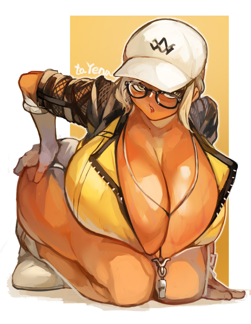 1girls blonde_hair breasts breasts_bigger_than_head female female_only gigantic_breasts glasses solo solo_female whistle_around_neck wtgn_grim