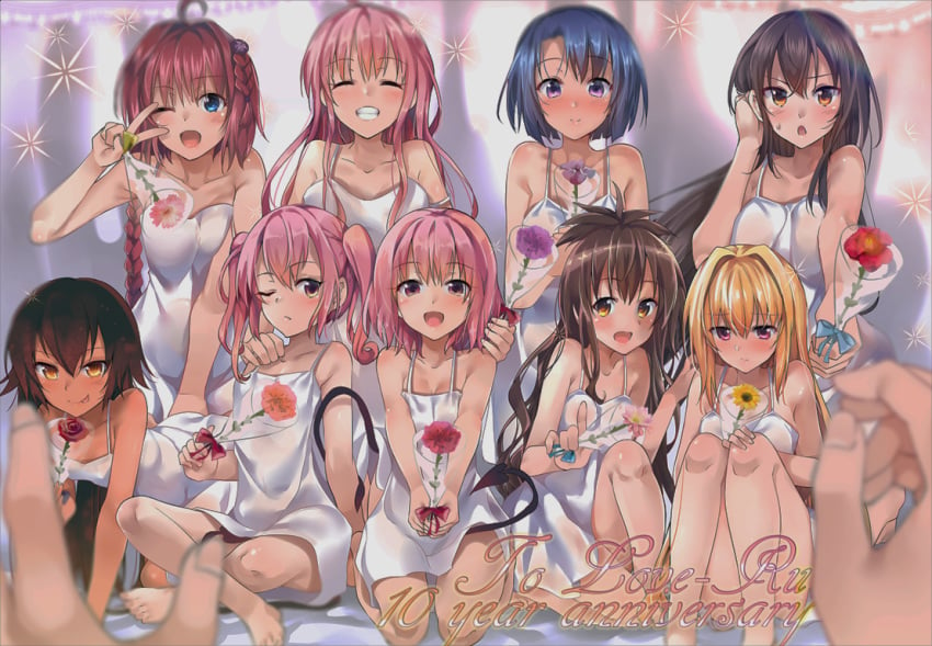 6+girls 9girls :d :p ;d ^_^ ahoge all_fours black_hair blonde_hair blue_eyes blue_hair blurry braid breasts brown_hair closed_eyes demon_tail depth_of_field dress eyebrows_visible_through_hair flower hair_intakes hair_ornament hair_tucking harem kneeling knees_on_chest konjiki_no_yami kotegawa_yui kurosaki_mea lala_satalin_deviluke long_hair master_nemesis medium_breasts momo_velia_deviluke multiple_girls nana_asta_deviluke one_eye_closed open_mouth pettanko pink_eyes pink_hair purple_eyes red_hair ryouma_(galley) sairenji_haruna side_braid sitting sitting_indian_style small_breasts smile sundress sweatdrop tail take_your_pick tied_hair to_love-ru to_love-ru_darkness tongue tongue_out twintails v v_over_eye wariza white_dress wink yellow_eyes yuuki_mikan