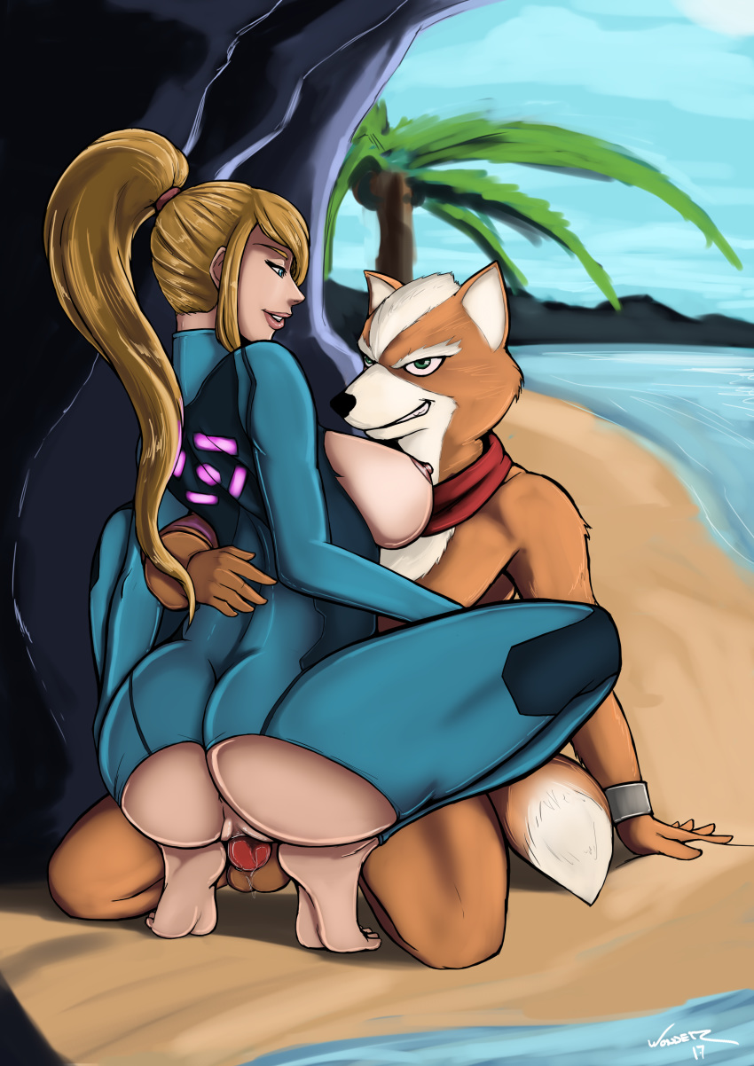 1boy 1girls ass balls beach big_breasts blonde_hair blue_eyes breasts canine cave clothing cowgirl_position creampie crossover feet fox_mccloud fur furry hips interspecies island large_breasts metroid nintendo nipples ocean penetration pony_tail public ripped_clothing samus_aran sand star_fox straight super_smash_bros. thighs vagina w0nder waist wet