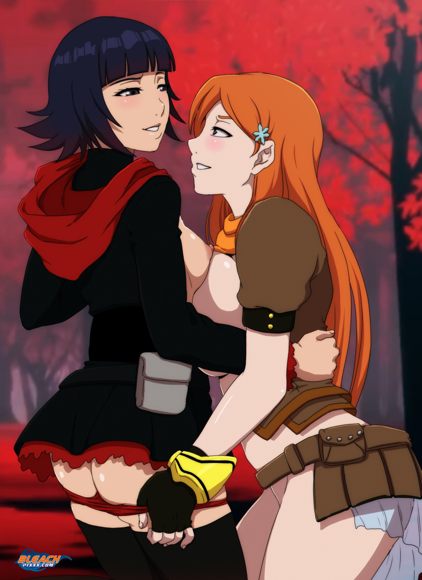 2girls artist_request ass big_breasts black_hair bleach breast_press breasts breasts_out cosplay exposed_breasts female female_only huge_breasts inoue_orihime large_breasts long_hair multiple_girls orange_hair panties panty_pull pulling_down_panties pulling_panties red_panties ruby_rose ruby_rose_(cosplay) rwby short_hair skirt soifon source_request yang_xiao_long yang_xiao_long_(cosplay) yuri