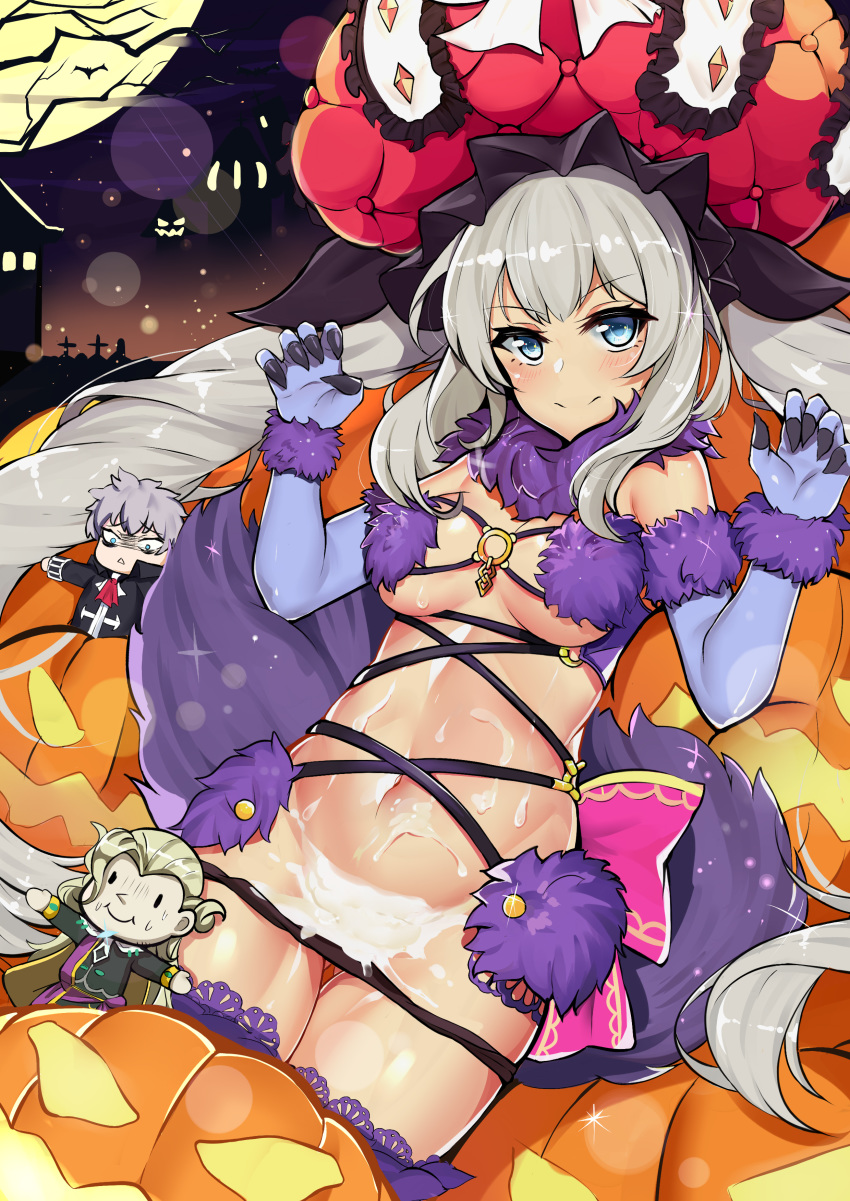 absurdres ass_visible_through_thighs bat black_panties blue_eyes blue_gloves blush breasts breasts_apart character_doll cosplay cross cum cum_on_body cum_on_lower_body elbow_gloves fate/grand_order fate_(series) female full_moon fur-trimmed_gloves fur_trim gloves halloween_costume hat highres jack-o'-lantern lace lace-trimmed_thighhighs legs_together light_particles long_hair looking_at_viewer lying marie_antoinette_(fate) mash_kyrielight_(cosplay) mash_kyrielight_(dangerous_beast)_(cosplay) medium_breasts moon navel o-ring_top on_back outdoors panties panty_pull purple_legwear revealing_clothes shiny shiny_hair shiny_skin sidelocks silver_hair slm solo tail thigh_gap thighhighs tied_hair tombstone tree twintails underwear very_long_hair wolf_tail