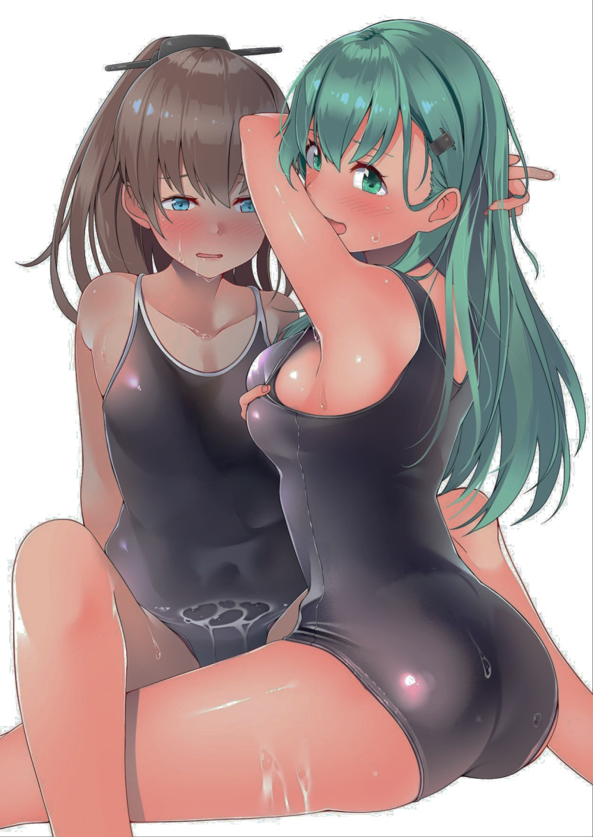 2girls alternate_costume aqua_eyes aqua_hair armpits arms_up artist_request ass blue_eyes blush breasts brown_hair byte_(allbyte) collarbone hair_between_eyes hair_ornament hairclip highres kantai_collection kumano_(kantai_collection) long_hair looking_at_viewer looking_back medium_breasts multiple_girls nose_blush one-piece_swimsuit open_mouth ponytail sideboob simple_background sitting small_breasts suzuya_(kantai_collection) swimsuit swimsuit_pull white_background