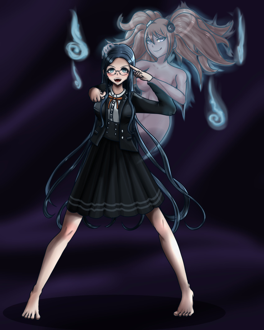 2girls bare_legs barefoot blackwidowx blue_eyes blue_hair bottomless brainwashing breasts danganronpa danganronpa_v3 feet female female_only femdom femsub ghost glasses gyaru hair_ornament highres hypnosis junko_enoshima legs long_hair megane mind_control necktie new_danganronpa_v3 nipples pink_hair ponytail possession red_nails school_uniform shirogane_tsumugi simple_background skirt smile straight_hair tied_hair toes very_long_hair