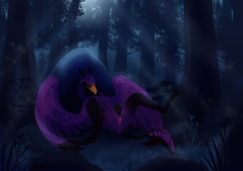 anus avian beak blue_eyes detailed_background feathered_wings feathers female feral forest gryphon night outside pussy solo tree velannal wings yellow_beak