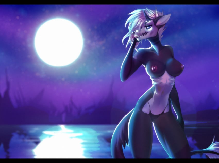 anthro black_bars breasts canine female fox ghostli hair looking_at_viewer mammal moon navel night nipples nude pussy sky solo standing white_hair wide_hips