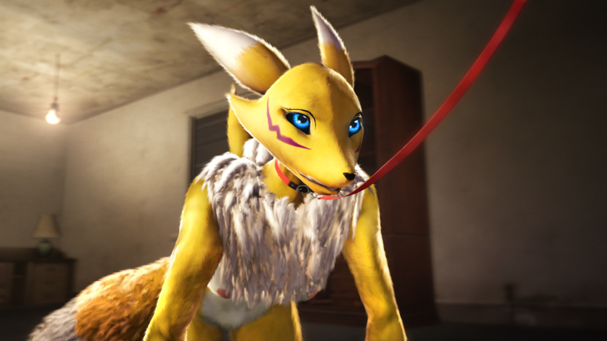 16:9 2017 3d all_fours anthro bedroom bizzyniz breasts canine carpet collar detailed digimon female fox fur fur_tuft furry highres indoors leash mammal nipples nude renamon solo source_filmmaker tuft wallpaper